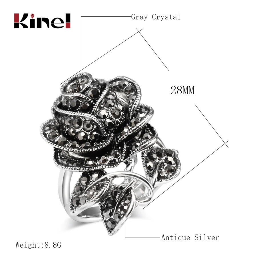 Kinel 2020 Vintage Rose Ring For Women Antique Silver Color Black Crystal Rings Christmas Gift Mixed Wholesale