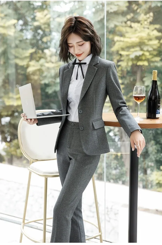 Neuheit Graue formelle Uniform-Designs Damen-Business-Anzüge mit Hosen und Jacken Mantel Damen Büroarbeitskleidung Hosenanzüge Blazer