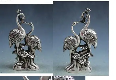 Elaborate Ancient Classical White Copper Auspicious Statue - Double Cranes Tibetan Silver decoration bronze factory outlets