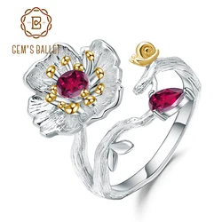 GEM'S BALLET  Natural Rhodolite Garnet Ring 925 Sterling Silver Handmade Blooming Poppies Flower Rings for Women Fine Jewelry
