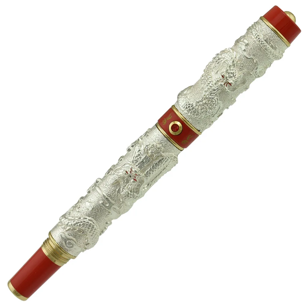 

Jinhao Vintage Silver & Red Fountain Pen Double Dragon Playing Pearl, Metal Luxurious Carving Embossing Heavy Pen for Office