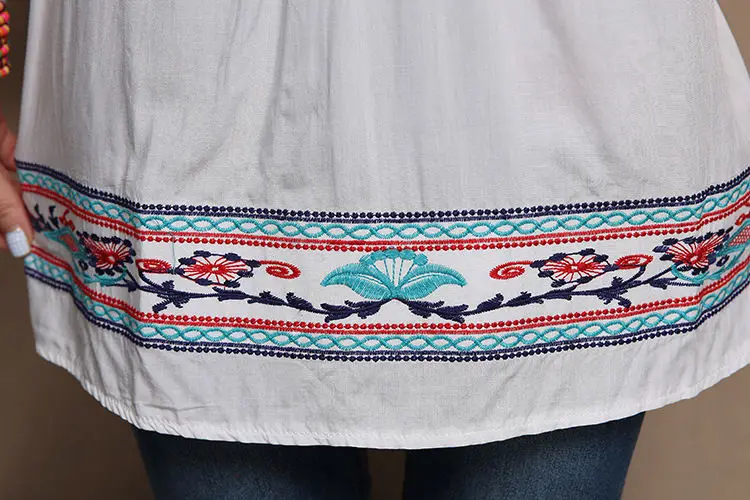 2021 New Women Blue White Vintage Mexican Ethnic Floral Embroidered Blouses Half Sleeve O-neck Feminino Cotton Tops