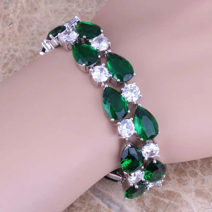 Trendy Green Cubic Zirconia White CZ Silver Plated Link Chain Bracelet 7 - 8 inch S0673