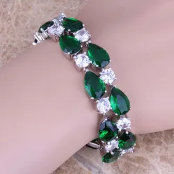 Trendy Green Cubic Zirconia White CZ Silver Plated Link Chain Bracelet 7 - 8 inch S0673