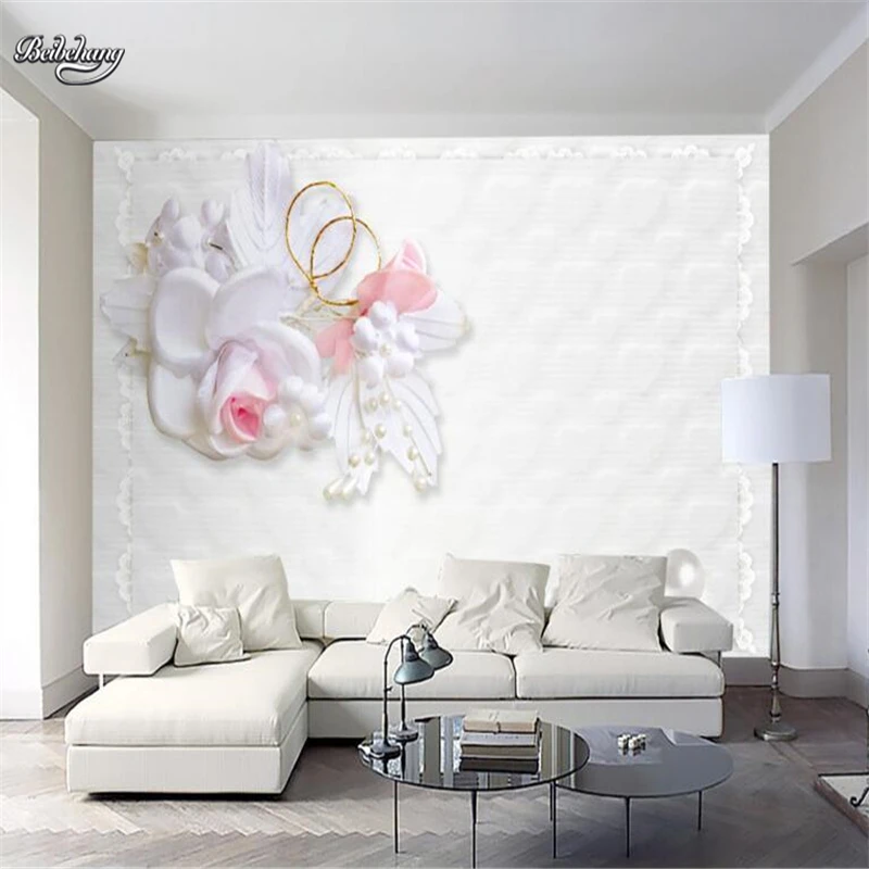 beibehang Modern simple three - dimensional white roses TV background wall custom large - scale fresco non - woven wallpaper