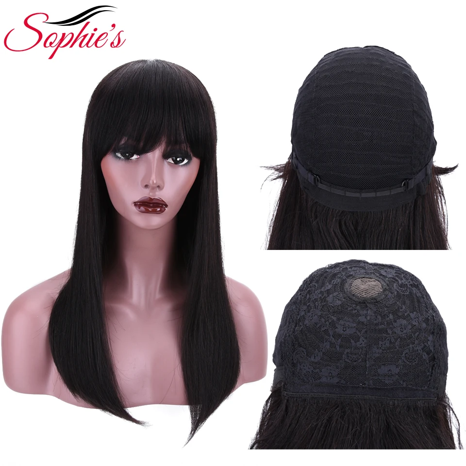 Sophie's-Peluca de cabello humano 100% para mujer negra, pelo Remy brasileño con flequillo, 18 ", predesplumada, cabello Natural de doble estiramiento