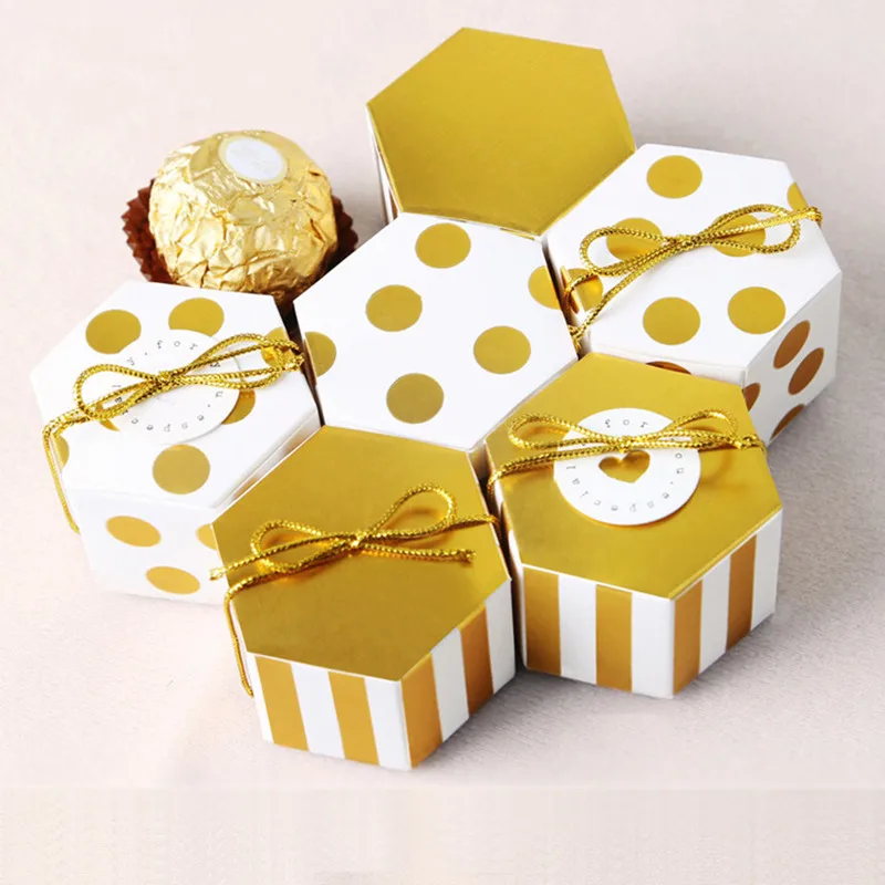 10Pcs Mini Stripe/Dots Golden Bronzing Color Hexagon Wedding Chocolate Box Candy Box Baking Package Wedding Party Decorations