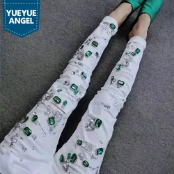 Vintage Green Diamonds Mid Waist Womens Casual Jeans Female Trousers New Fashion High Quality Skinny Stretch Pencil Pants Hole