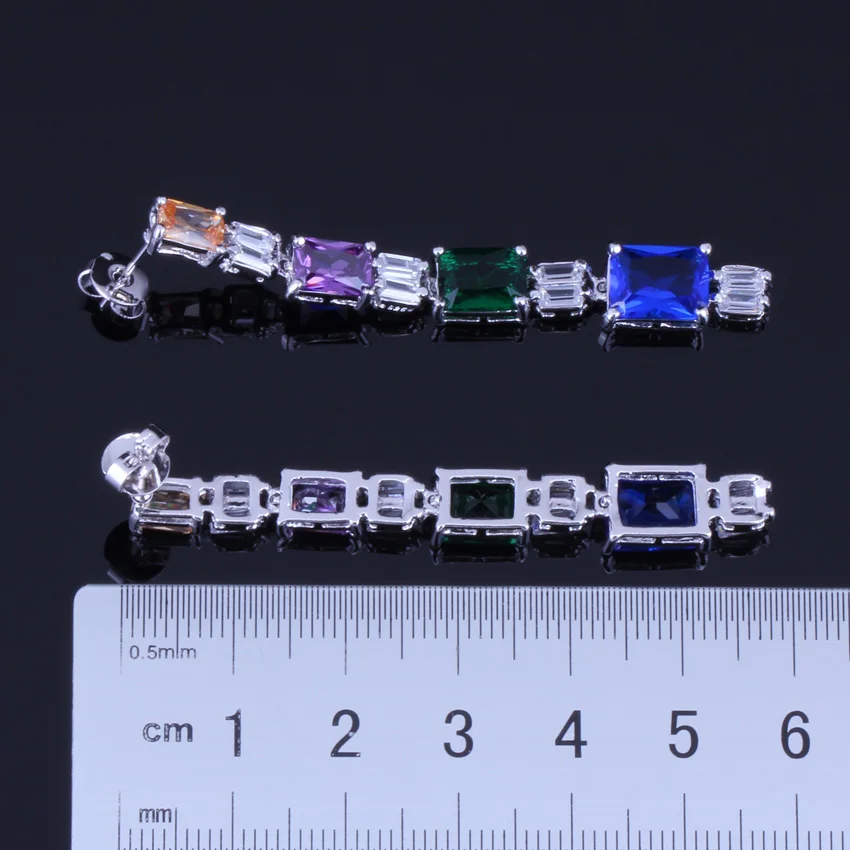 Superb Rectangle Multigem Multicolor Brown Cubic Zirconia Silver Plated Drop Dangle Earrings V0202