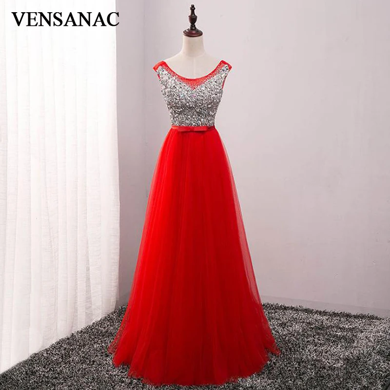 

VENSANAC 2018 Crystals O Neck Sequined Long A Line Evening Dresses Elegant Lace Tank Bow Sash Tulle Party Prom Gowns