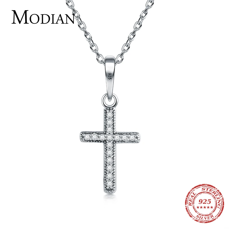 

Modian New Sale Real 925 Sterling Silver Zirconia Hearts Cross Necklaces Pendants With Chain For Women Fashion Silver Jewelry