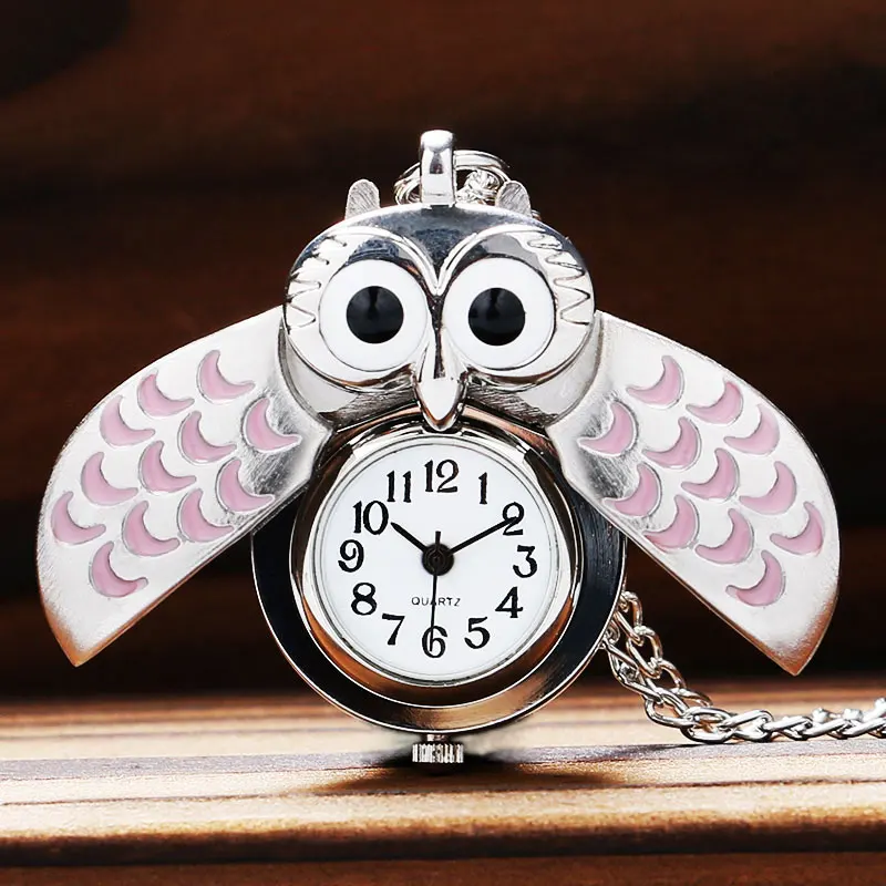 Cute Pink Owl Pocket Watch Kid Quartz Watch with Necklace Chain P582