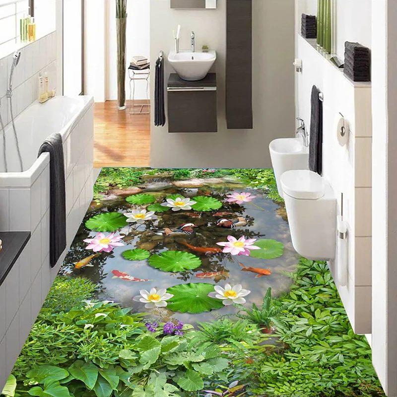 

Custom Size 3D Mural Floor Wallpaper Bathroom PVC Wear Non-slip Wall Paper Lotus Pool Mandarin Duck Landscape Photo Wall Paper