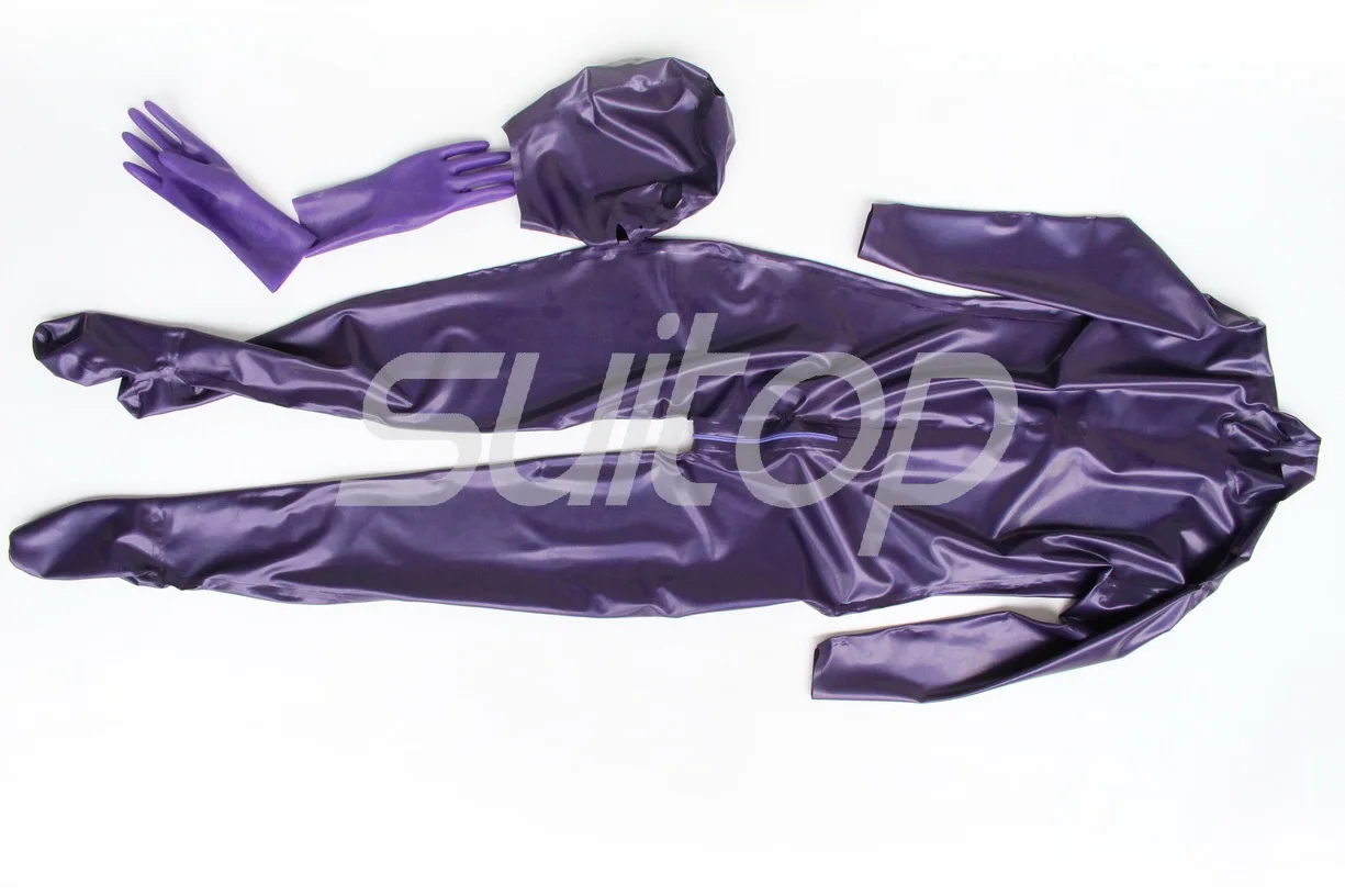 Zentai – couverture complète en latex, avec fermeture éclair au dos, chaussettes, gants de protection détachés dans un trou métallique violet pour cheveux