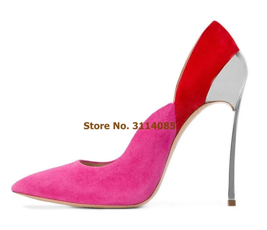 

Ladies Pink Blue Suede Metal Blade High Heel Dress Pumps Pointed Toe Shallow Banquet Shoes Color Patchwork Gladiator Shoes