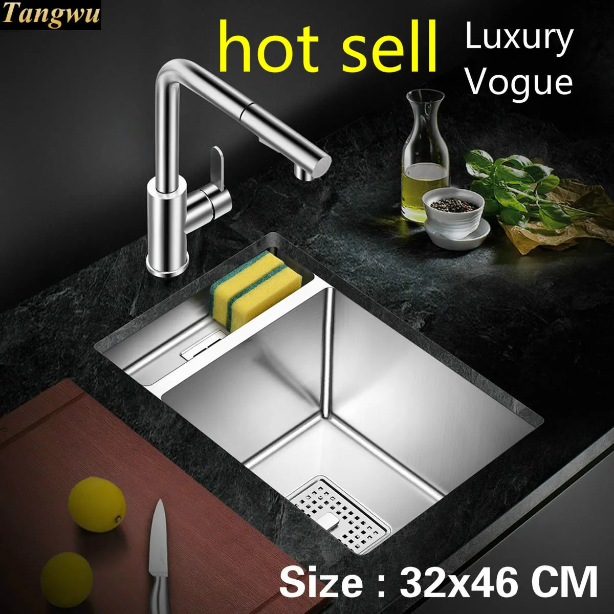 

Free shipping Household standard luxury kitchen manual sink single trough 304 stainless steel mini hot sell 320x460 MM