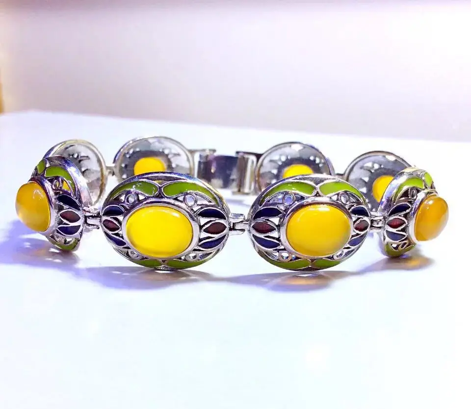 

Retro Thai Silver S925 Sterling Silver Inlaid Natural Chalcedony Retro Cloisonne Women Bracelet