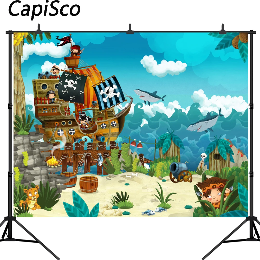 Capisco Pirate Island Scene Baby Birthday Party Photography Backdrops Customized Photographic Backgrounds For Photo Studio