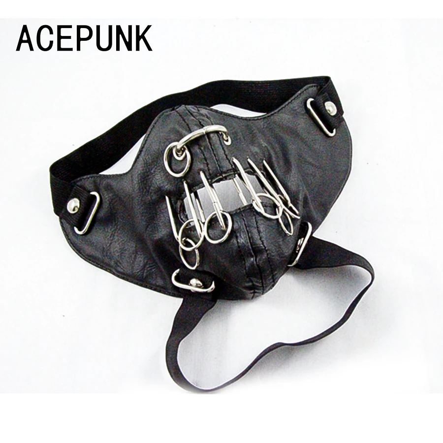 Thời Trang Punk Hông Hợp Khẩu Trang Lớn Vòng Đinh Tán Đen Bằng Da PU Thanh Diễn Sân Khấu Mặt Nạ Đá Nam Nữ unisex Khẩu Trang