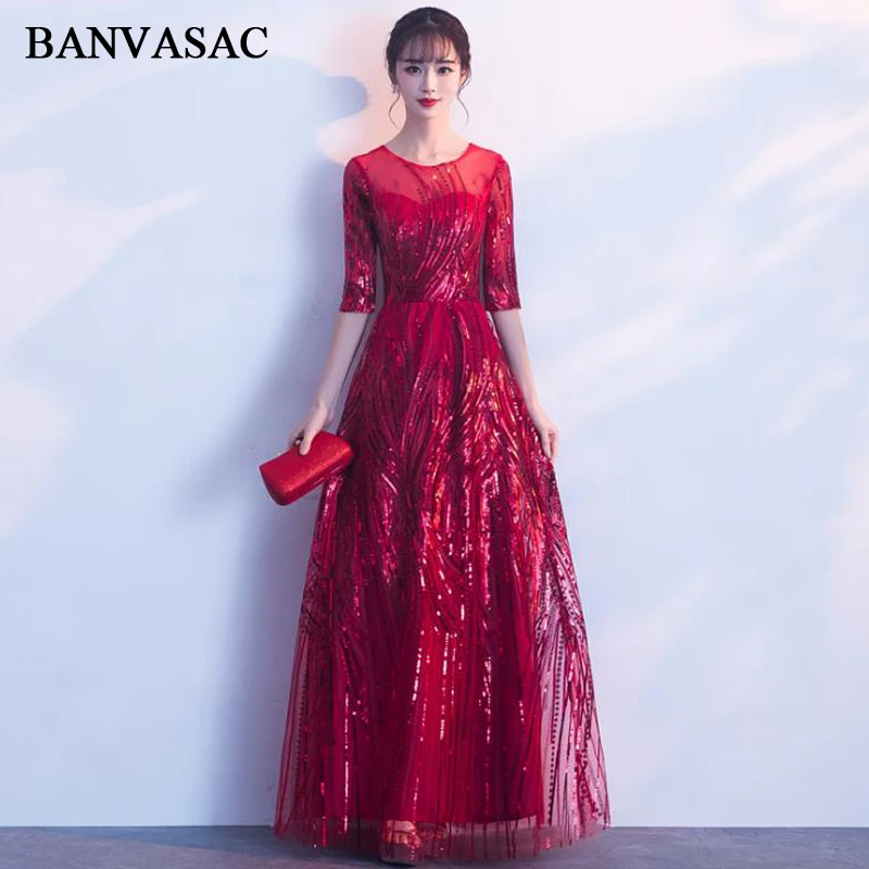 

BANVASAC Illusion O Neck 2018 A Line Sequined Long Evening Dresses Party Lace Half Sleeve Embroidery Prom Gowns