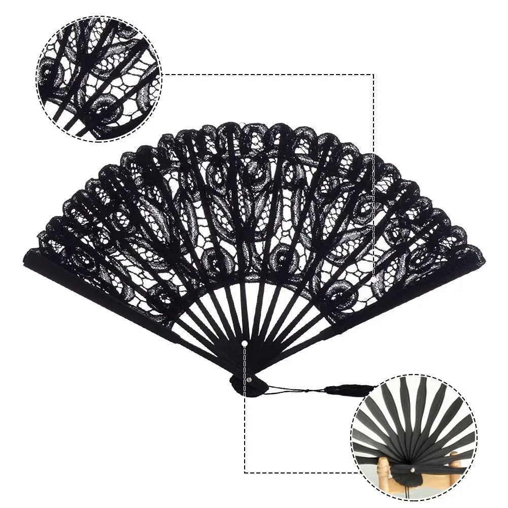 

Chinese Style Decorative Bamboo Fans Lace Fabric Silk Folding Hand Held Dance Fans Flower Party Wedding Prom