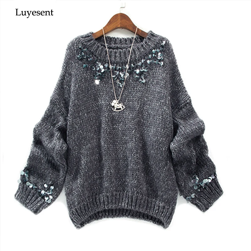 

women round neck handmade sequin beading long sleeve pullover sweater 2022 autumn winter lady top femme mujer casual knit wear