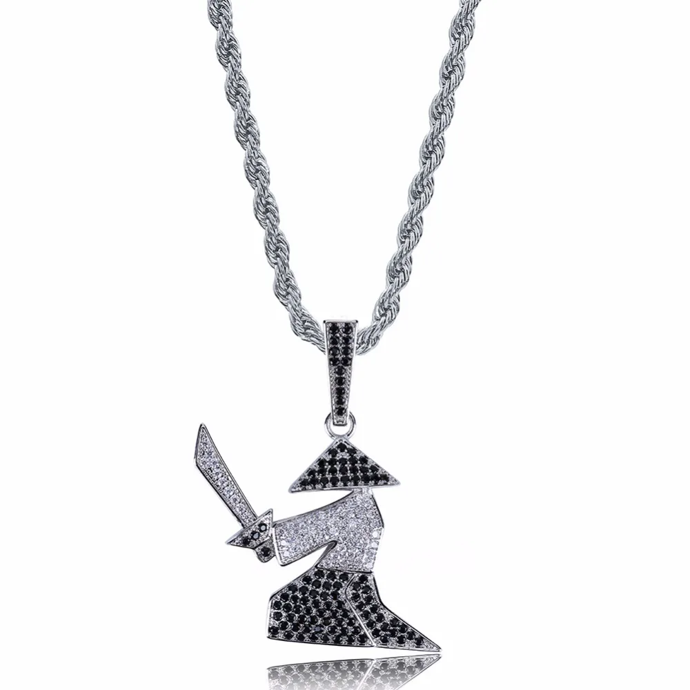 Micro Paved CZ Rhinestone Bling Ice Out Hats Samurai Oriental Warrior Pendants Necklaces for Men Hip Hop Rapper Jewelry view 2
