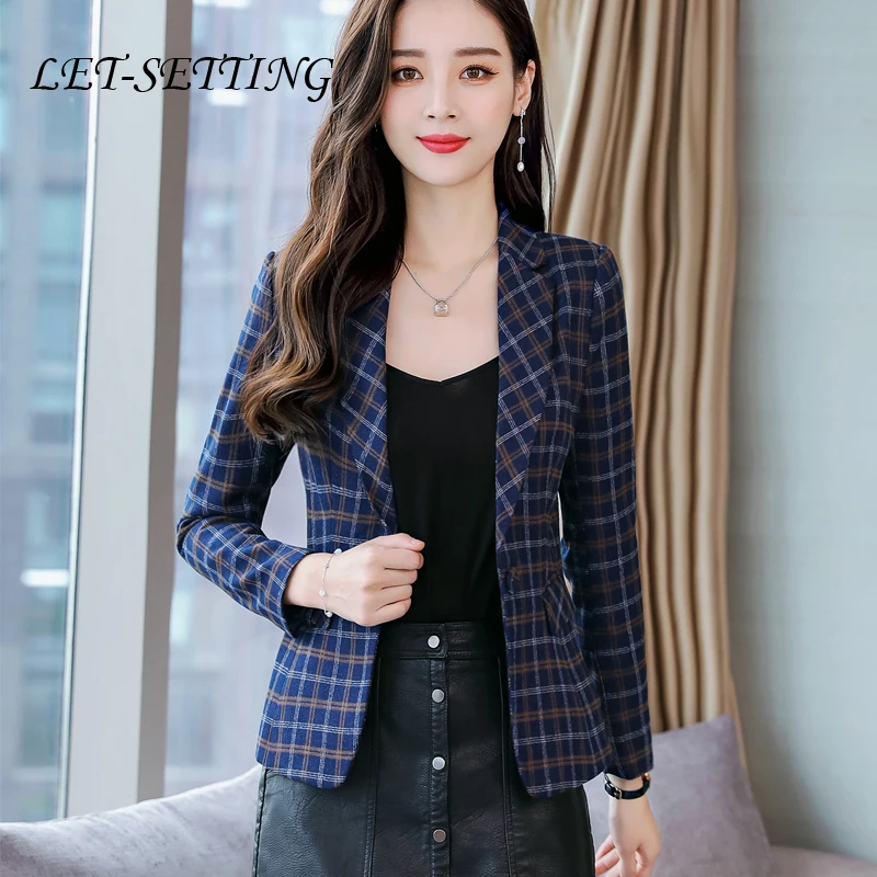 

one button large size spring autumn new slim casual suit Plaid retro temperament women jacket plus size blazer women coat