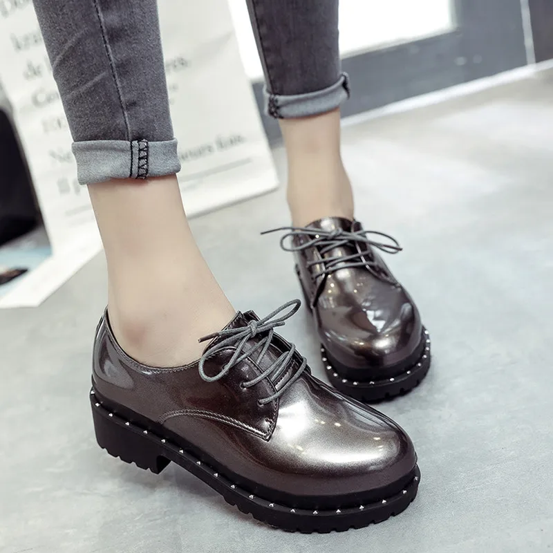 Women Platform High Heel Shoes Lace Up Creepers For Female Fashion Rivet Patent Leather Pumps Casual Ladies Footwear