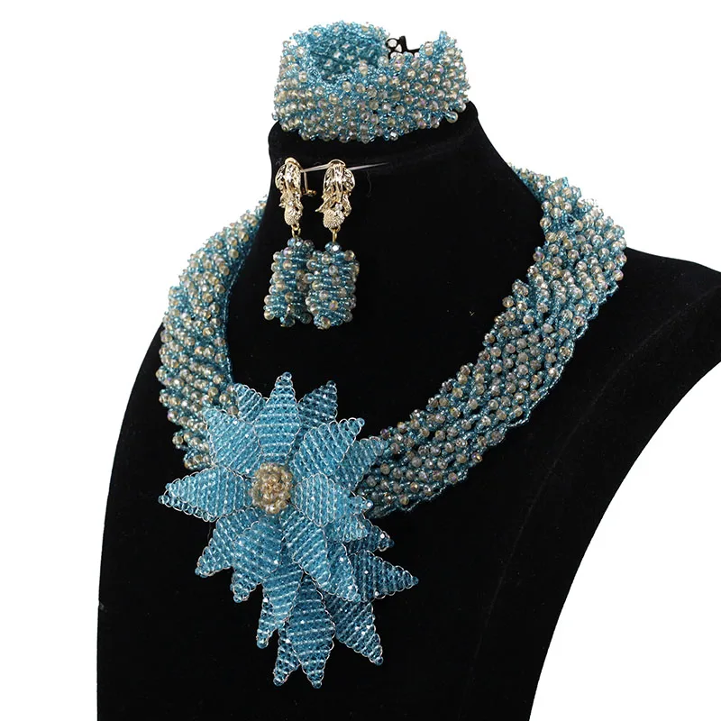 

Trendy African Beads Necklace New Sky Blue Gold Flower Pendant Wedding Necklace Set Costume Jewelry Set for Women Gift ABH614