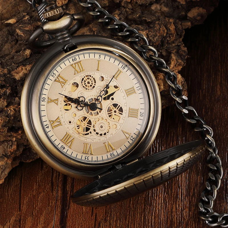 Unique Retro Wood Circle Carved Mechanical Pocket Watch Men Women Gold Number Dial Hollow Skeleton Steampunk Bronze Clock Watch