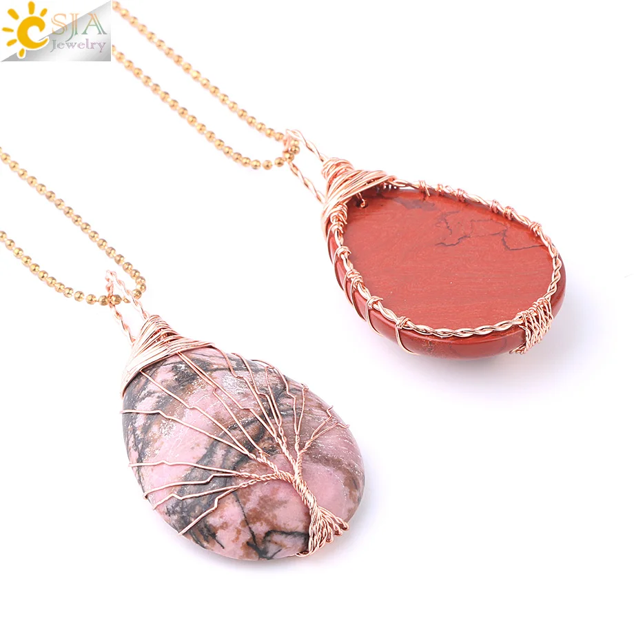 CSJA Tree of Life Water Drop Necklace & Pendants Rose Gold Color Wrap Wire Natural Gem Stone Purple Pink Quartz Opal Chakra E640