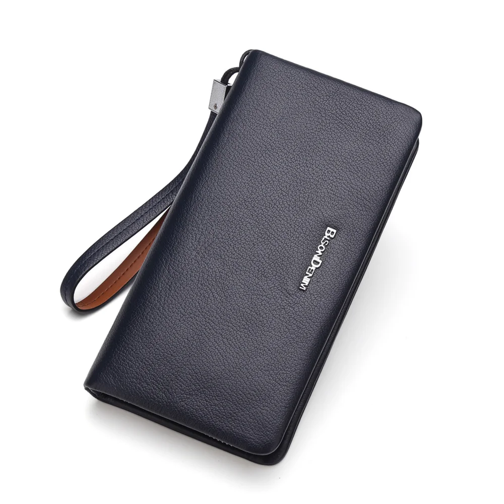 BISON DENIM Real Cowskin Men Wallets Large Capacity Card Holder Wallet Coin Purse Genuine Leather Long Purse For Men N8138