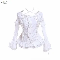 Ainclu XS-XXL Womens Cotton White Ruffles Long Sleeves Rendering and Outer Wear Lolita Blouse with Lace/Bow/Sling Free Shipping