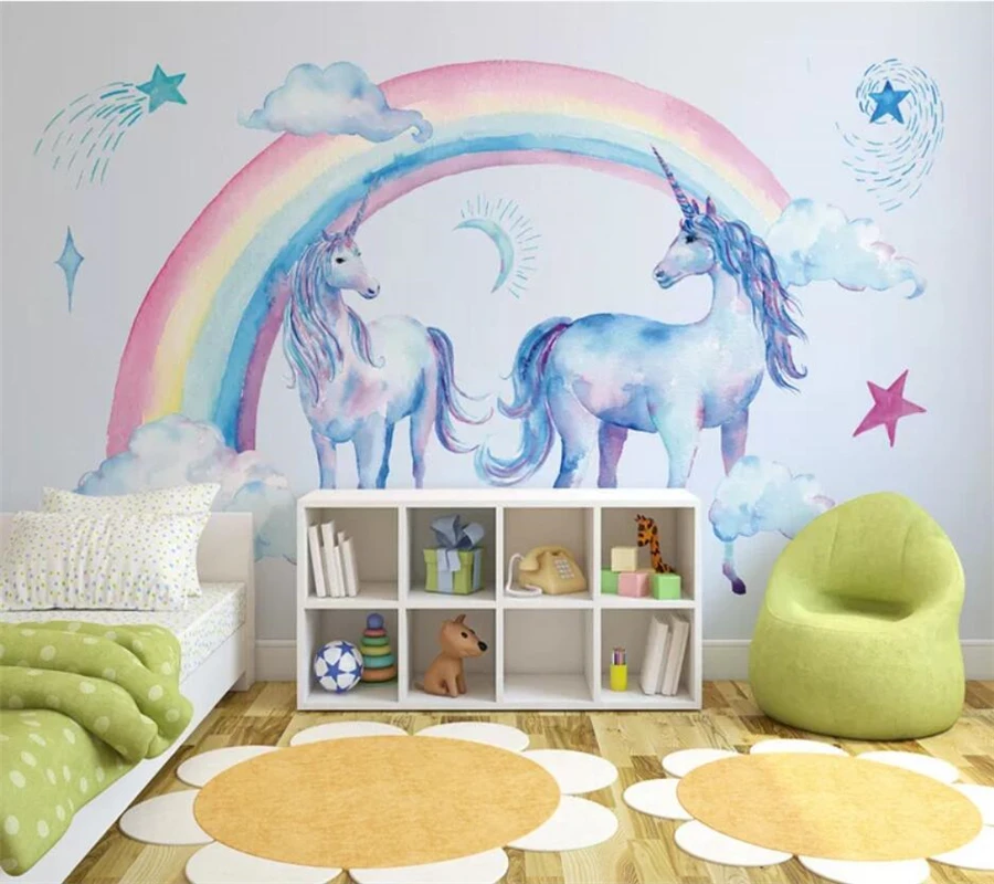 Custom wallpaper 3d murals Japanese cute beautiful rainbow unicorn Pegasus background wall papers home decor 3d papel de parede