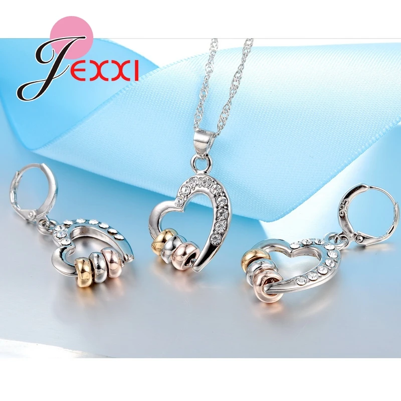 Ensembles de bijoux en argent regardé 925 pour femmes, collier romantique, boucles d\'oreilles en forme de cœur, mariage pour dames, zircone cubique