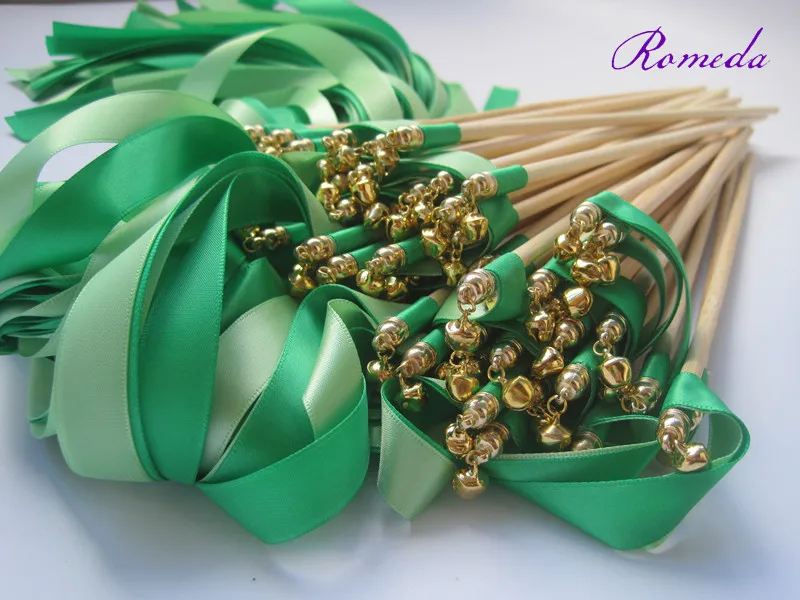 50pcs/lot  green and light green wedding wands with gold bell  ribbon Twirling Streamers, ribbon wish wands