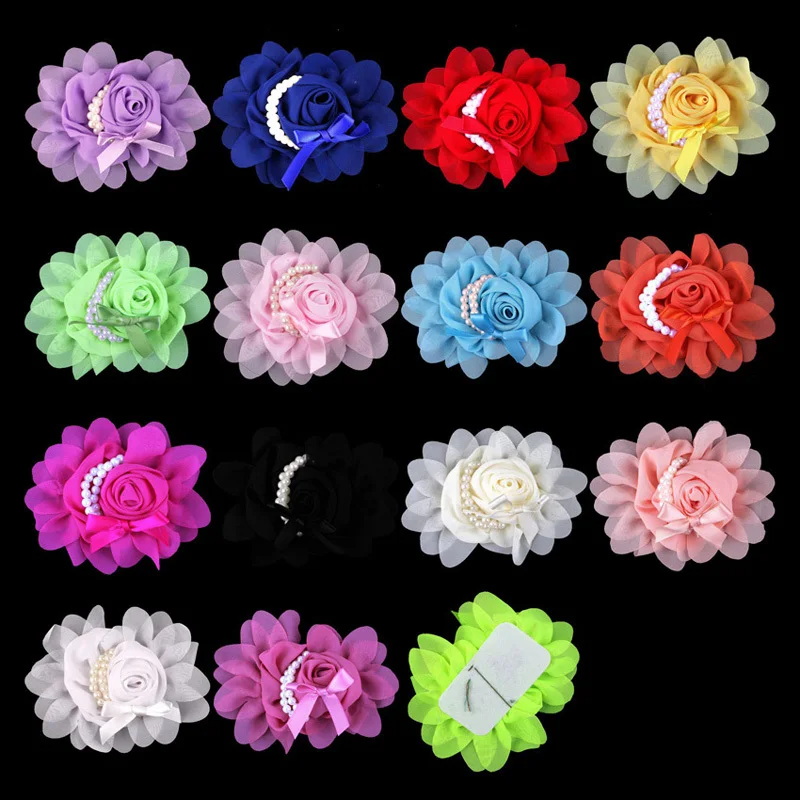 

5pcs/lot 14colors Artificial Goldfish Bowknot Chiffon Rolled Rosette Flower With Pearls Solid Fabric Flowers For Kids Headbands