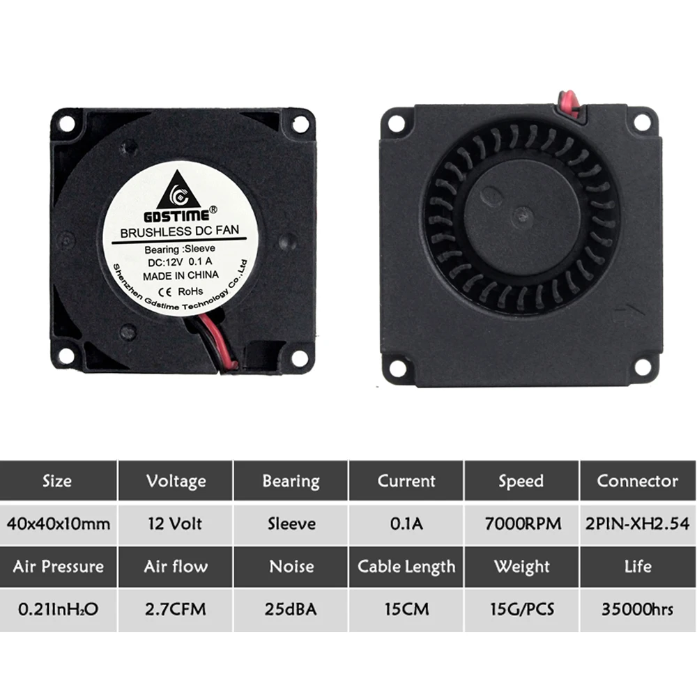 Gdstime-ventilador de impresora 3D de 12V, 40mm, 500 piezas, 40mm x 10mm, funda de ventilador de refrigeración, conector XH2.54 de 2 pines