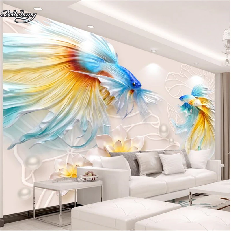 

wellyu 3D Stereo Relief Goldfish Lotus Jewelry Jewelry Background Wall Customized Large Mural Nonwovens Wallpaper