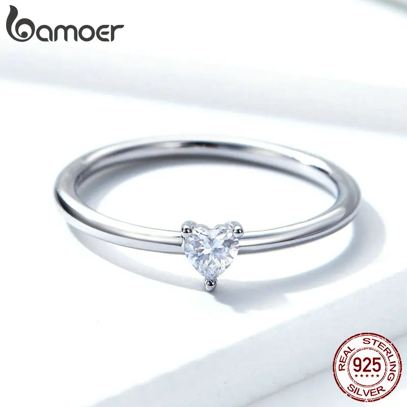 Bamoer Prosty klasyczny podstawowy srebrny zestaw pierścionków Kobiety 925 Sterling Silver Miłość Zaręczynowy Biżuteria ślubna Minimalistyczny mały pierścionek — zdjęcie 3