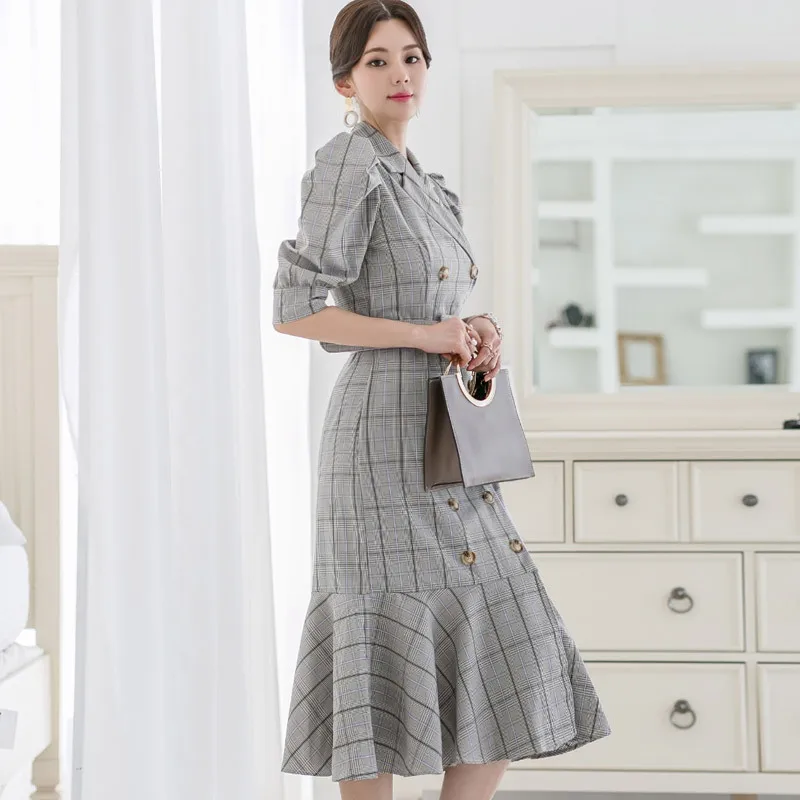 Plus Size Work Office Midi Dress Women Half Sleeve Notched Print Plaid Blazer Dress Women Double Button Summer Dress 2019 Robe