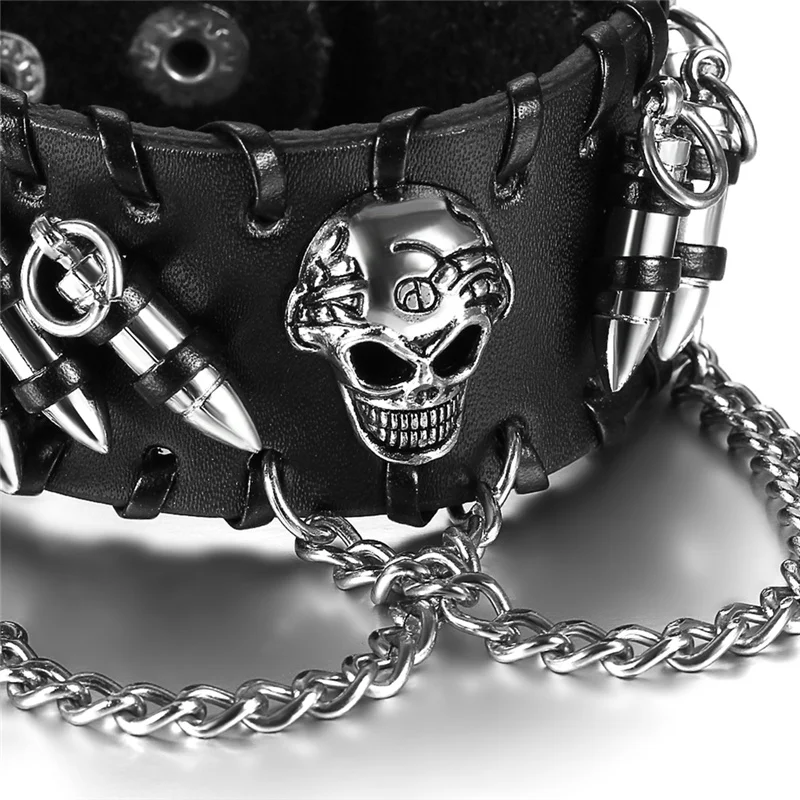 Boniskiss 2020 Punk Rock Black Men Wide Leather Bracelets Gothic Skull Cuff Bangle Skeleton/Bullet Charm Pulseiras Masculinas