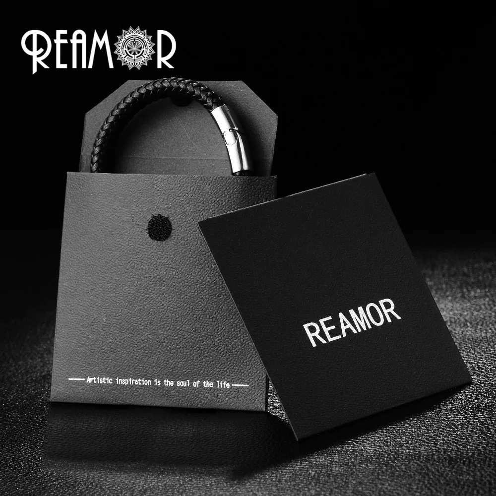 REAMOR New Men Genuine Leather Braided Bracelets & Bangles Stainless Steel Black Pattern Silver Color Beads Bracelet Jewelry
