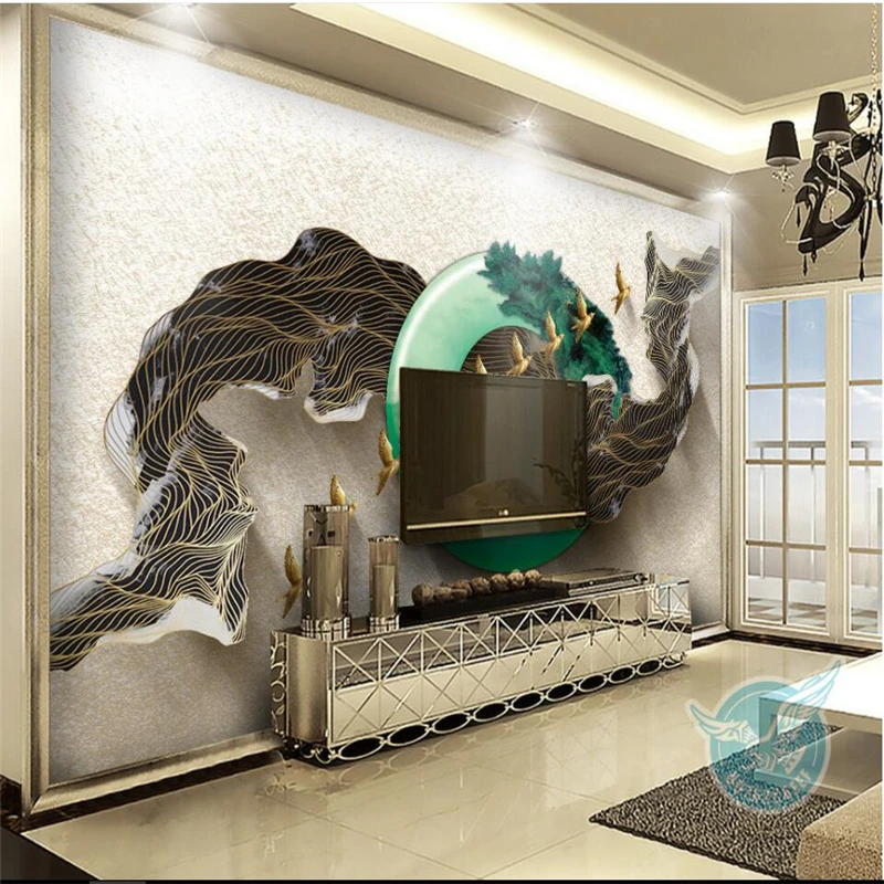 

wellyu New Chinese creative 3D stereo abstract lines jasper background wall custom large fresco green wallpaper