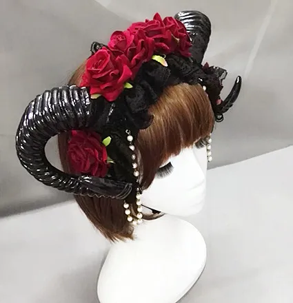 Manual Aries Roses Flowers Lace Chain Sheep Horn Ear Hair Hoop Forest Animal Photography Exhibition Cosplay Headband Accessories