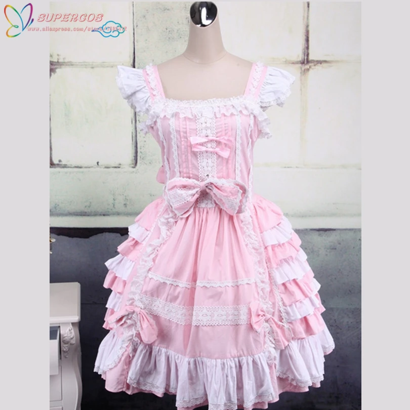 High Quality Pink And White Sleeveless Bow Bandage Sweet Lolita Dress