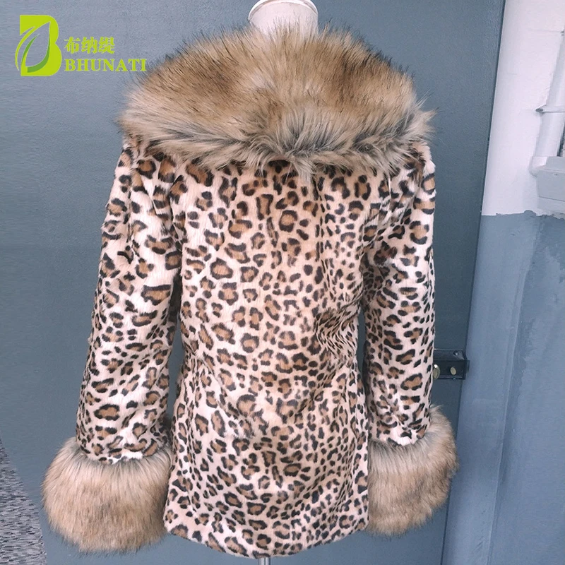 Boutique Women\'s Autumn Winter Faux fur Jackets Leopard Mink Fur Coats Faux Raccoon Fur Collar Plus Size Fur Jackets