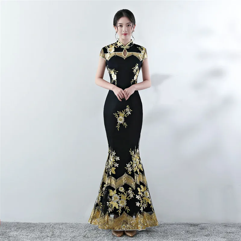 Cheongsam-Robe de soirée longue à paillettes pour femmes, robe de sirène, robe florale, robe nationale, broderie, chinois, formel, mode