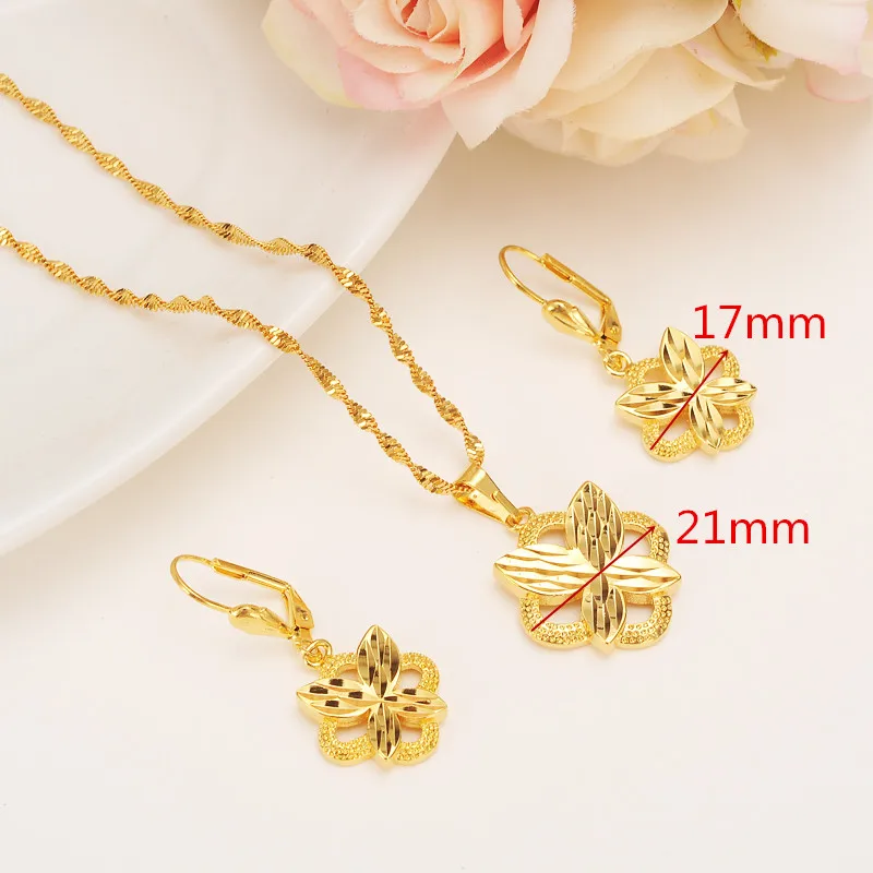 Romantic Lovely Sea heart  Pendant chain Earrings sets Jewelry 14 k Yellow Solid Filled Gold  GF Filled Necklaces sets women